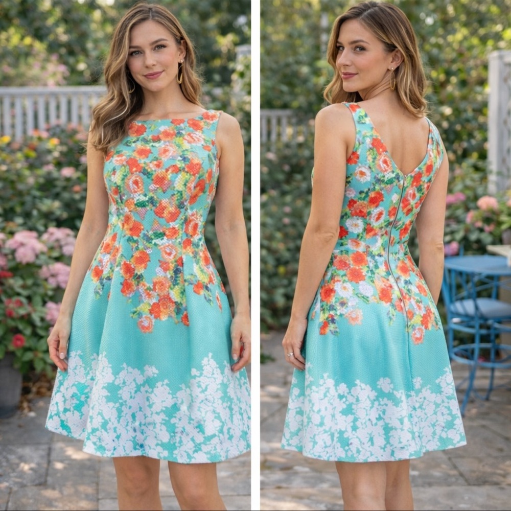 Aqua Floral Roses Fit & Flare Dress